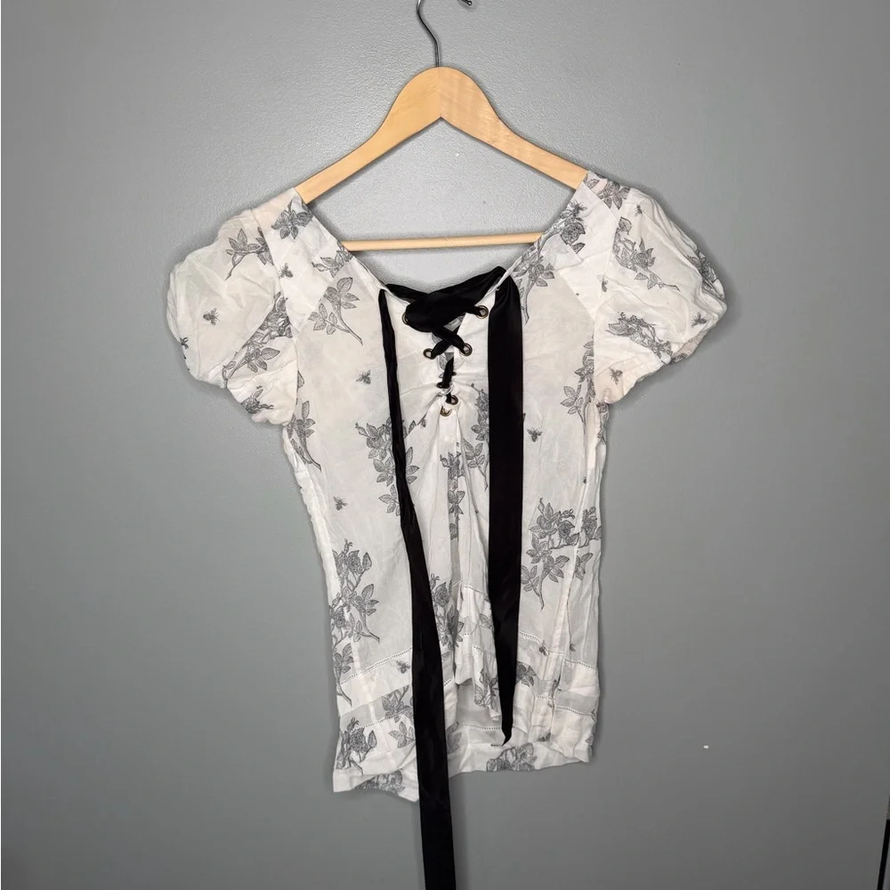 Anthropologie x Leifsdottir Tie Back Puff Sleeve Sheer Floral Bee Print Blouse